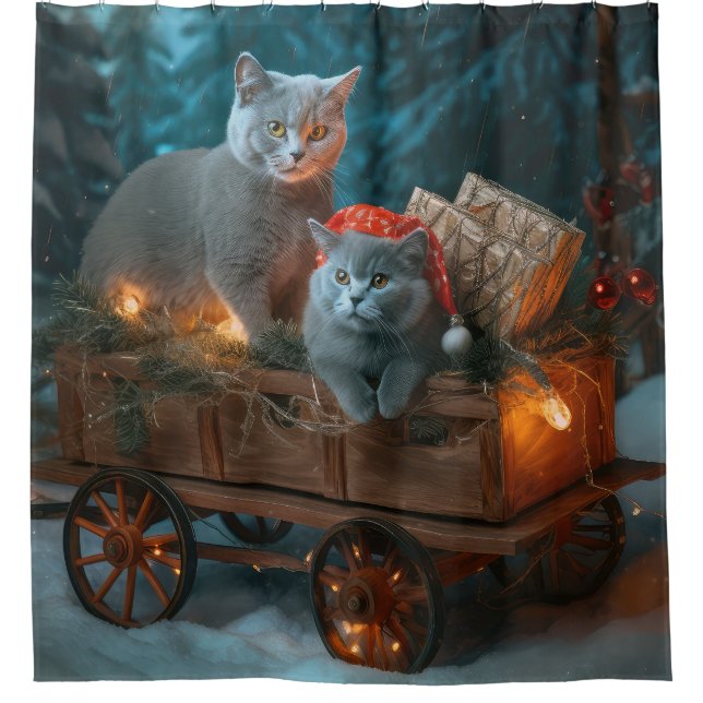 Russian Blue Cat Snowy Sleigh Weihnachtsdekor Duschvorhang (Vorderseite)
