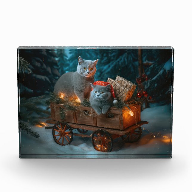 Russian Blue Cat Snowy Sleigh Weihnachtsdekor Fotoblock (Vorderseite)