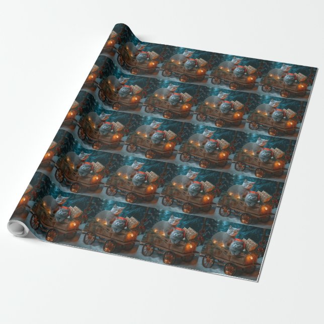 Russian Blue Cat Snowy Sleigh Weihnachtsdekor Geschenkpapier (Ungerollt)