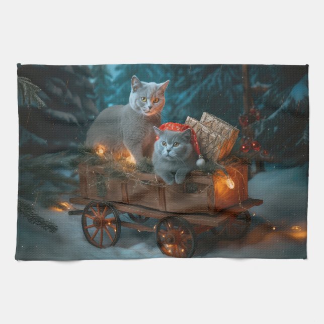 Russian Blue Cat Snowy Sleigh Weihnachtsdekor Geschirrtuch (Horizontal)