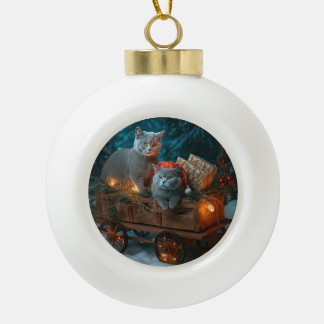 Russian Blue Cat Snowy Sleigh Weihnachtsdekor Keramik Kugel-Ornament (Vorderseite)