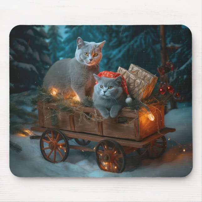 Russian Blue Cat Snowy Sleigh Weihnachtsdekor Mousepad (Vorne)