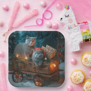 Russian Blue Cat Snowy Sleigh Weihnachtsdekor Pappteller