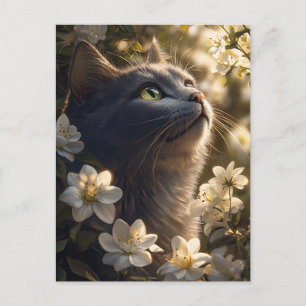 Russian Blue Cat White Blume Postkarte