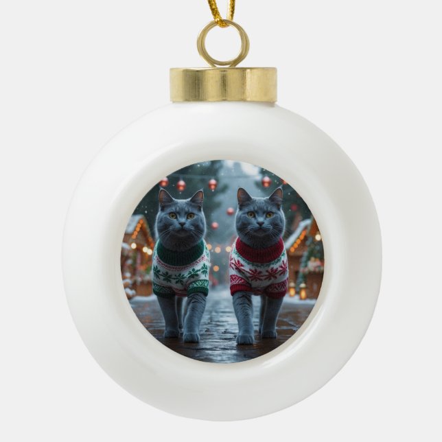 Russian Blue Cats Christmas Snow Holiday  Keramik Kugel-Ornament (Vorderseite)