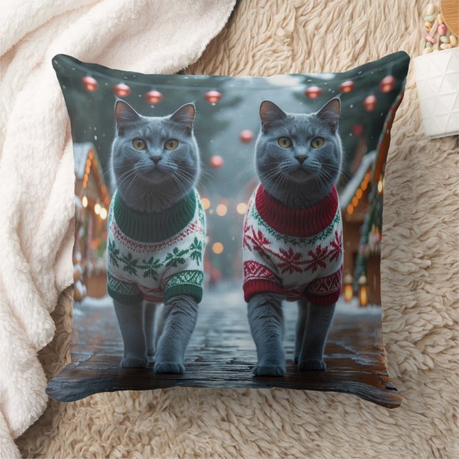 Russian Blue Cats Christmas Snow Holiday  Kissen (Decke)