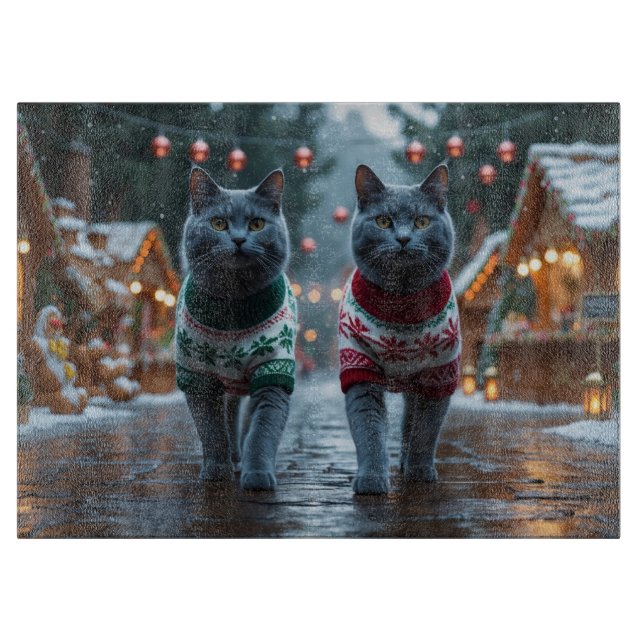Russian Blue Cats Christmas Snow Holiday  Schneidebrett (Vorderseite)
