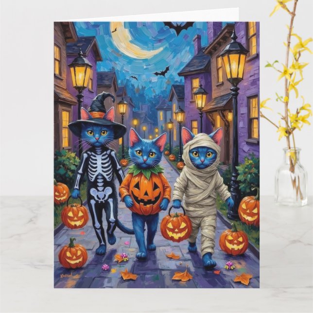 Russian Blue Cats in Halloween Costumes Karte (Gelbe Blume)