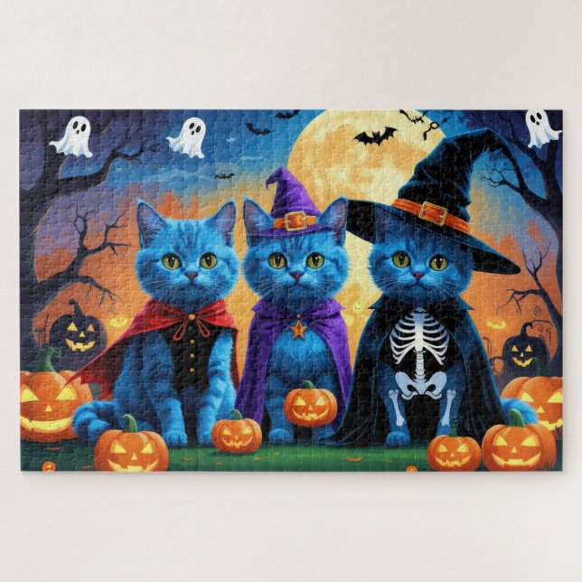 Russian Blue Cats Pumpkin Halloween Funny (Horizontal)