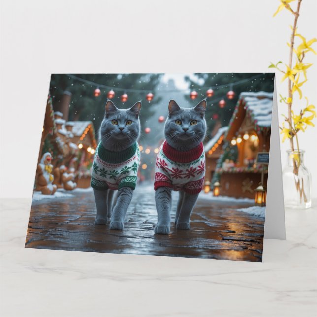 Russian Blue Cats Weihnachtsschneeferien Karte (Gelbe Blume)
