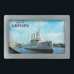 Russian Cruiser Aurora Rechteckige Gürtelschnalle<br><div class="desc">Eine digitale Darstellung der russischen Cruiser Aurora stürmte am Fluss Neva in St. Petersburg. Kyrillischer Text mit dem Text "Kreiser AVRORA" (The Cruiser AURORA) erscheint ebenfalls. Die Aurora ist ein Symbol der russischen Oktoberrevolution von 1917. Zur Zeit der früheren Februar-Revolution wurde die Aurora im Neva-Fluss in Petrograd (St. Petersburg) zur...</div>