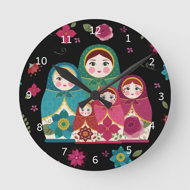 Russian Dolls Black Runde Wanduhr (Vorderseite)
