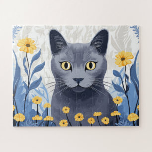 Russisch Blau Katze Gelbe Blumen