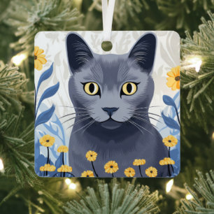 Russisch Blau Katze Gelbe Blumen Ornament Aus Metall