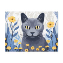 Russisch Blau Katze Gelbe Blumen