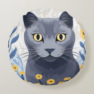 Russisch Blau Katze Gelbe Blumen Rundes Kissen