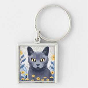 Russisch Blau Katze Gelbe Blumen Schlüsselanhänger