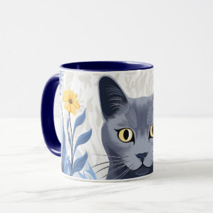 Russisch Blau Katze Gelbe Blumen Tasse