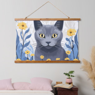 Russisch Blau Katze Gelbe Blumen Wandteppich Mit Holzrahmen
