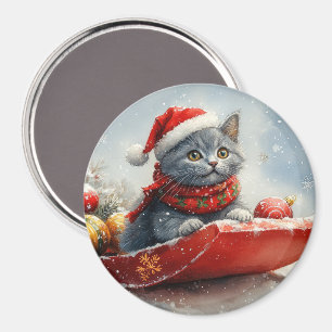 Russisch Blau Katze im Schlitten Lass es schneien Magnet