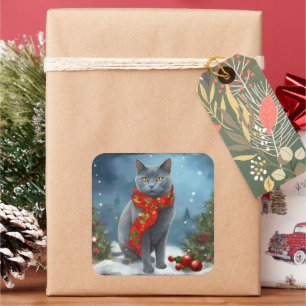 Russisch Blau Katze im Schnee Weihnachten Quadratischer Aufkleber