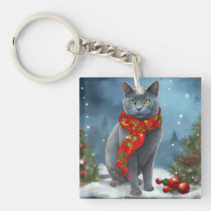 Russisch Blau Katze im Schnee Weihnachten Schlüsselanhänger