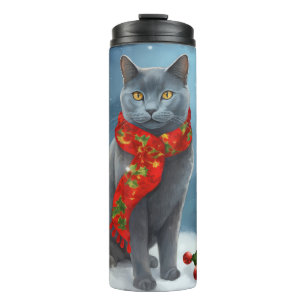 Russisch Blau Katze im Schnee Weihnachten Thermosbecher