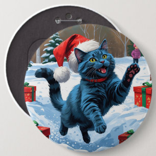 Russisch Blau Katze läuft durch Schnee mit Weihnac Button