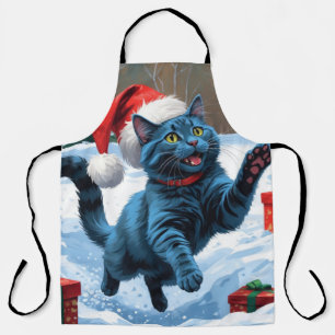 Russisch Blau Katze läuft durch Schnee mit Weihnac Schürze