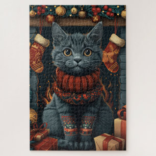 Russisch Blau Katze mit Weihnachtsgeschenken Kamin
