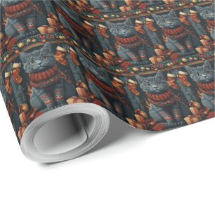 Russisch Blau Katze mit Weihnachtsgeschenken Kamin Geschenkpapier