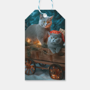 Russisch Blau Katze Schneebedeckter Schlitten Weih Geschenkanhänger
