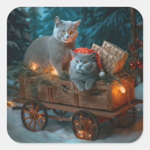 Russisch Blau Katze Schneebedeckter Schlitten Weih Quadratischer Aufkleber