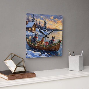 Russisch Blau Katze Weihnachtsboot Urlaub Quadratische Wanduhr