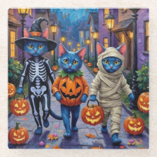 Russisch Blau Katzen in Halloween-Kostümen Glasuntersetzer