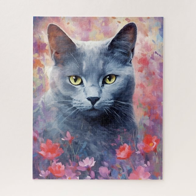 Russisch-Blaue Katze farbige Aquarellbilder (Vertikal)
