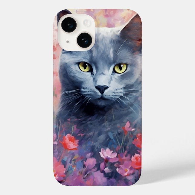 Russisch-Blaue Katze farbige Aquarellbilder Case-Mate iPhone 14 Hülle (Rückseite)