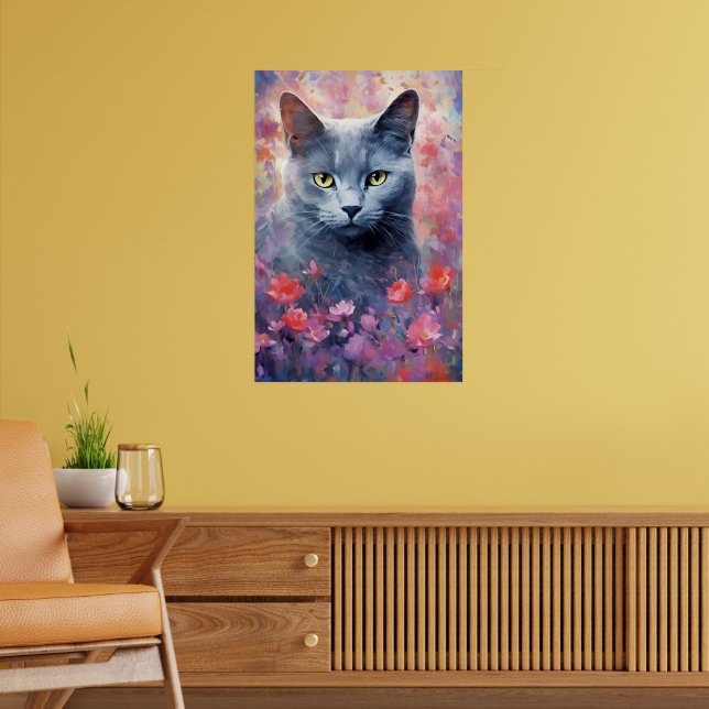 Russisch-Blaue Katze farbige Aquarellbilder Poster (Wohnzimmer 2)