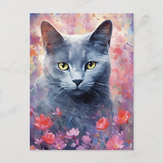Russisch-Blaue Katze farbige Aquarellbilder Postkarte (Vorderseite)
