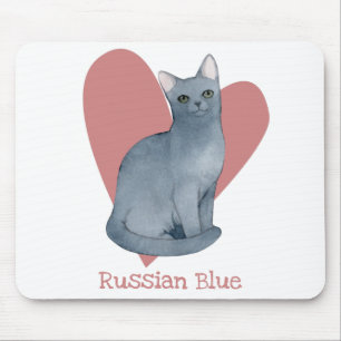 Russisch Blue Cat Watercolor Kitty Pink Herz Mousepad
