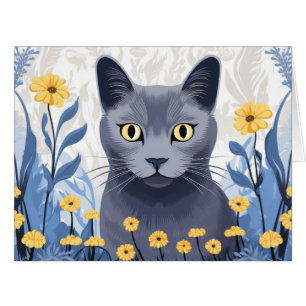 Russische Blaue Katze Gelbe Blumen Big Card