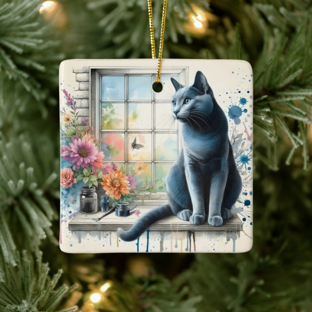 Russische blaue Katze im Fenster mit Aquarellfarbe Keramikornament (Baum)
