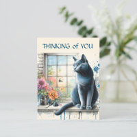 Russische Blaue Katze im Fenster mit Sommerferien-