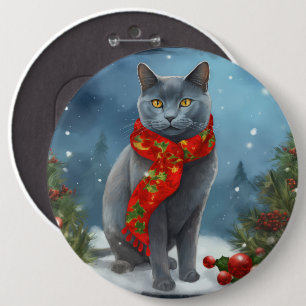 Russische Blaue Katze im Schnee Weihnachten Button