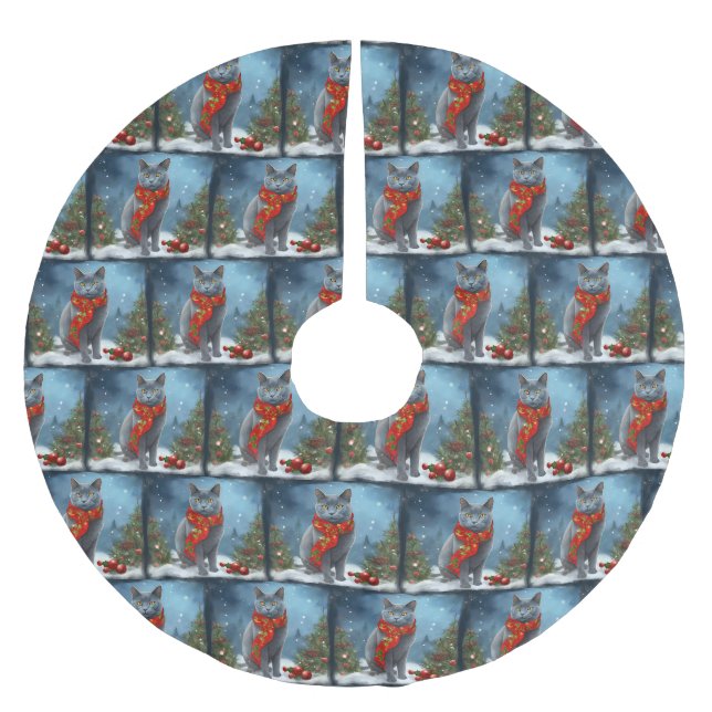 Russische Blaue Katze im Schnee Weihnachten Polyester Weihnachtsbaumdecke (Vorderseite)
