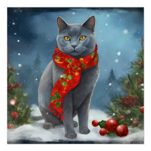 Russische Blaue Katze im Schnee Weihnachten Poster