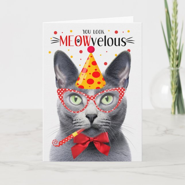 Russische Blaue Katze MEOWvelous Geburtstag Karte (Vorderseite)