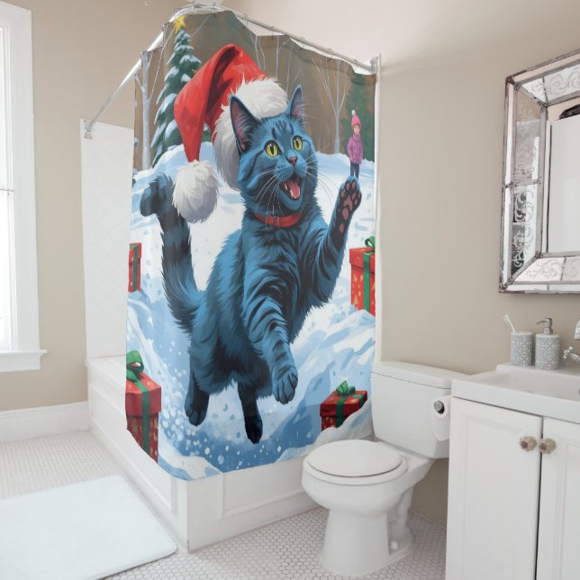 Russische blaue Katze mit Weihnachtsmütze Duschvorhang (Beispiel)