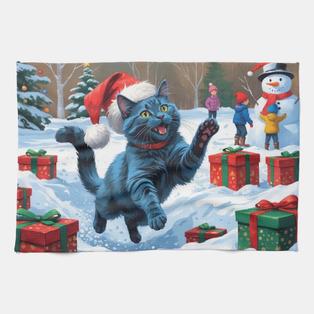 Russische blaue Katze mit Weihnachtsmütze Geschirrtuch (Horizontal)