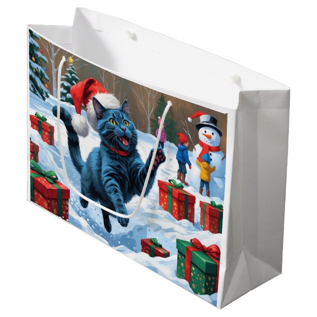 Russische blaue Katze mit Weihnachtsmütze Große Geschenktüte (Vorderseite Schrägansicht)